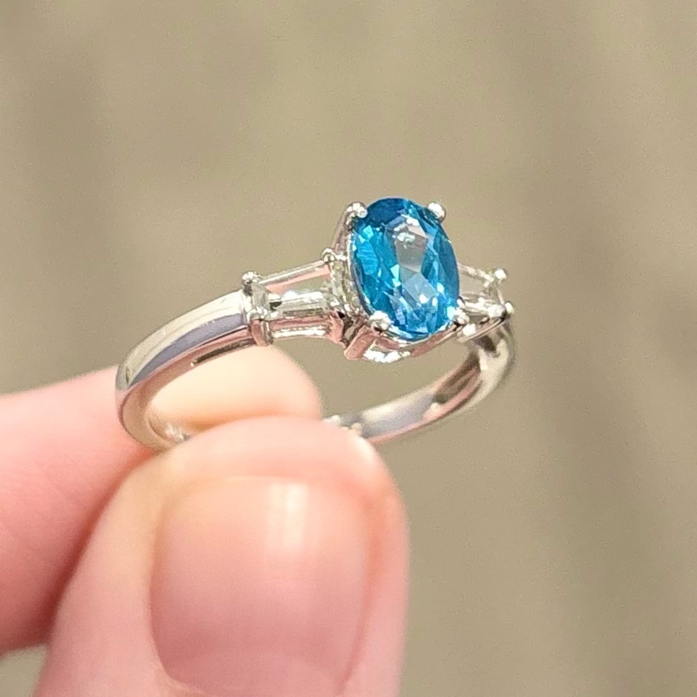 10K Swiss Blue Topaz oval baguette dainty solid white gold vintage style ring